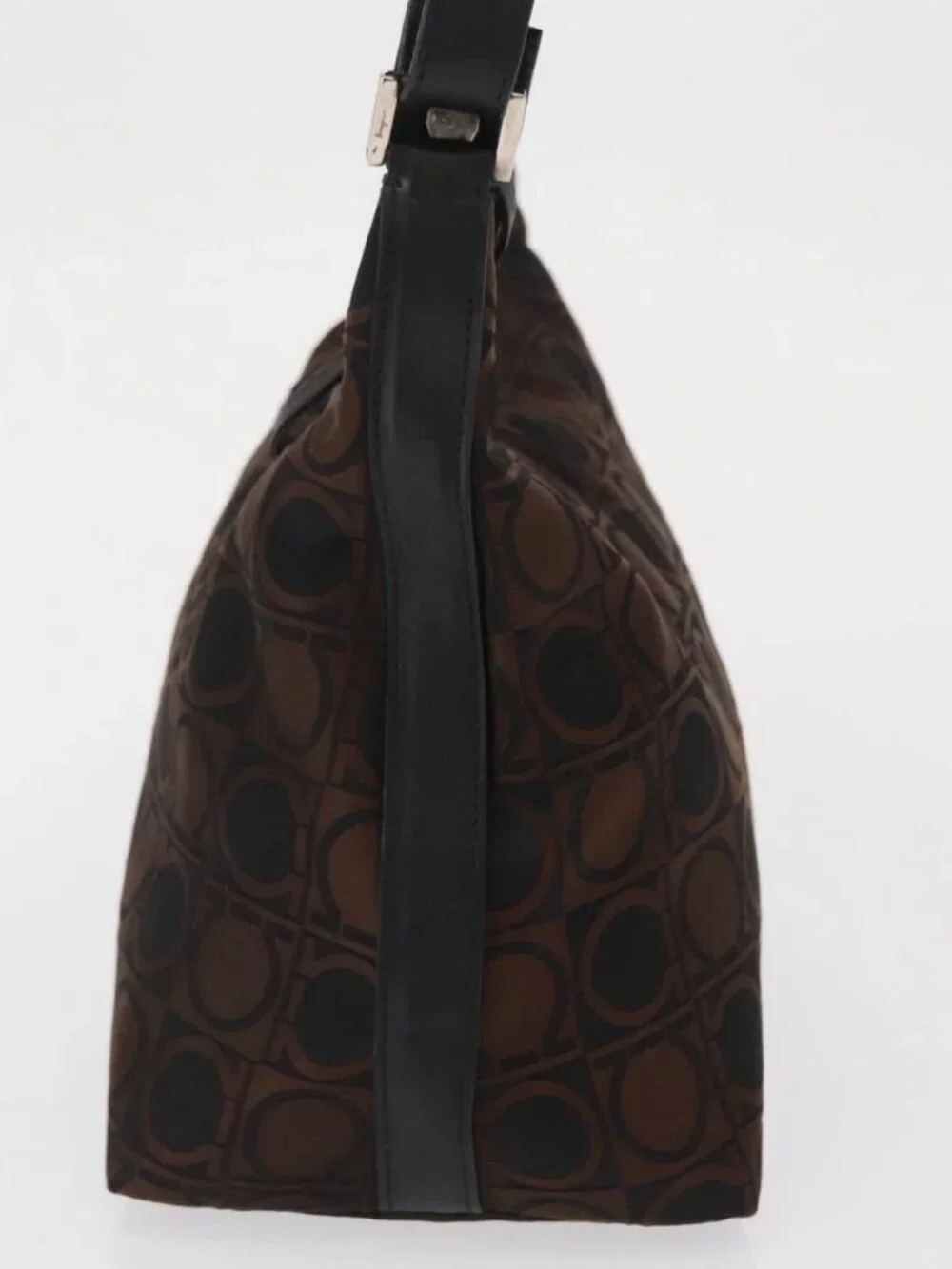 Salvatore Ferragamo Gancini Shoulder Bag Nylon Brown Silver Auth BA9517